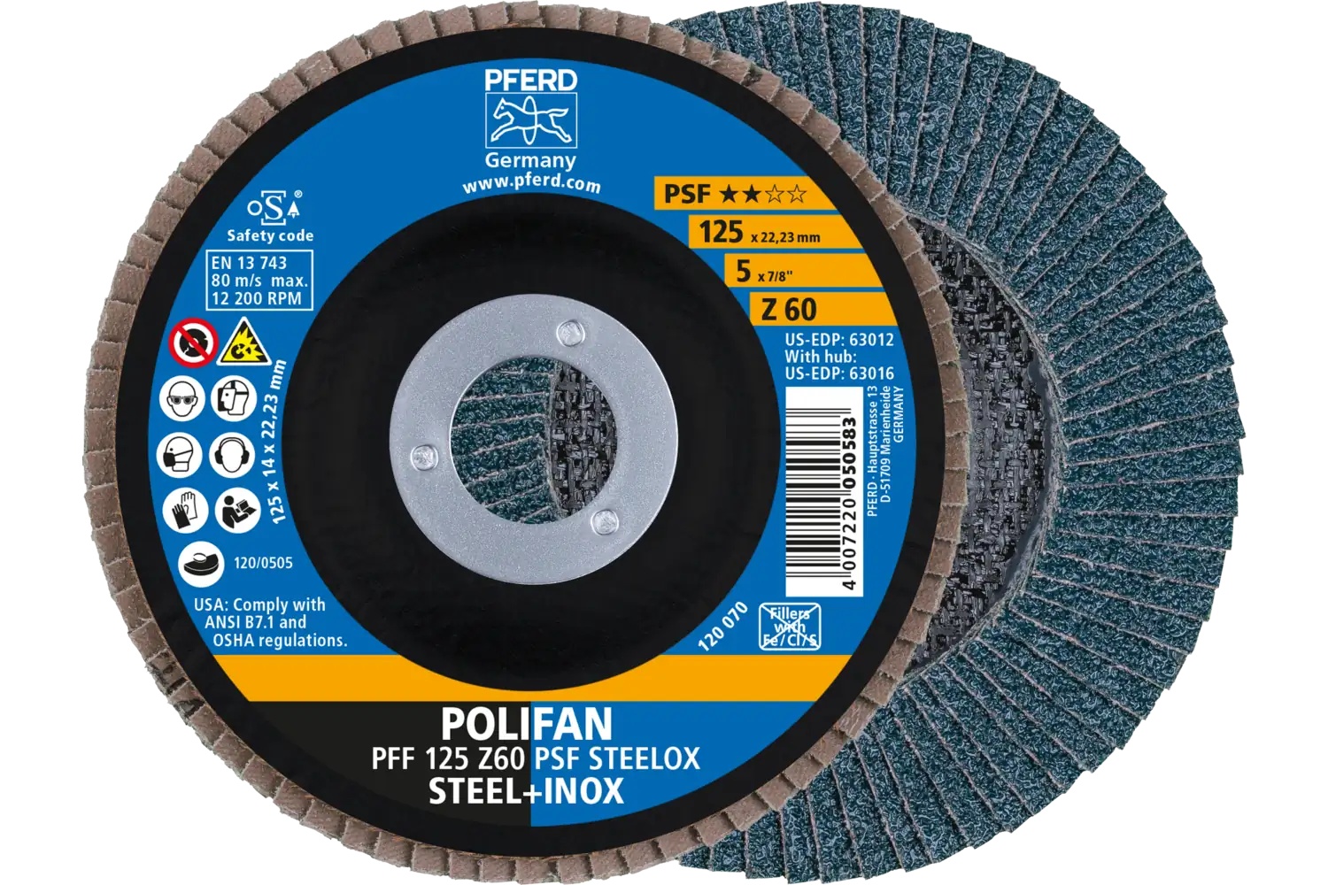 Picture of Pferd Flap Disc, 5" x 7/8, Z PSF Steelox, 60 Grit, T27, Flat, Zirconia